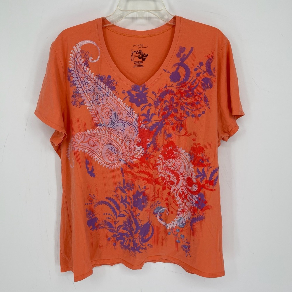 Just My Size Women's Orange Paisley Floral Graphic V-Neck Tee Size 2X